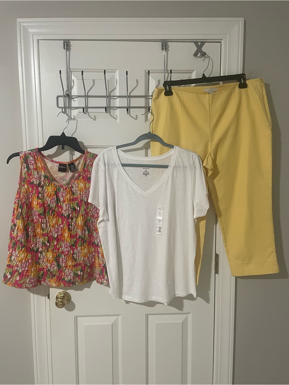 White V-Neck Tee, Yellow Cropped Pants, & Colorful Floral Tank Trio xl